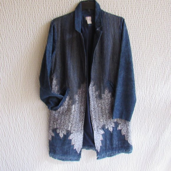 Long Denim Embordered Jacket Duster M Khaki White Stitching Lightweight Pockets - Picture 9 of 14